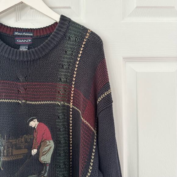 Gant Vintage Hand Intarsia Swinging Golfer Crew Neck Jumper Sweater Large Tall - Picture 7 of 13